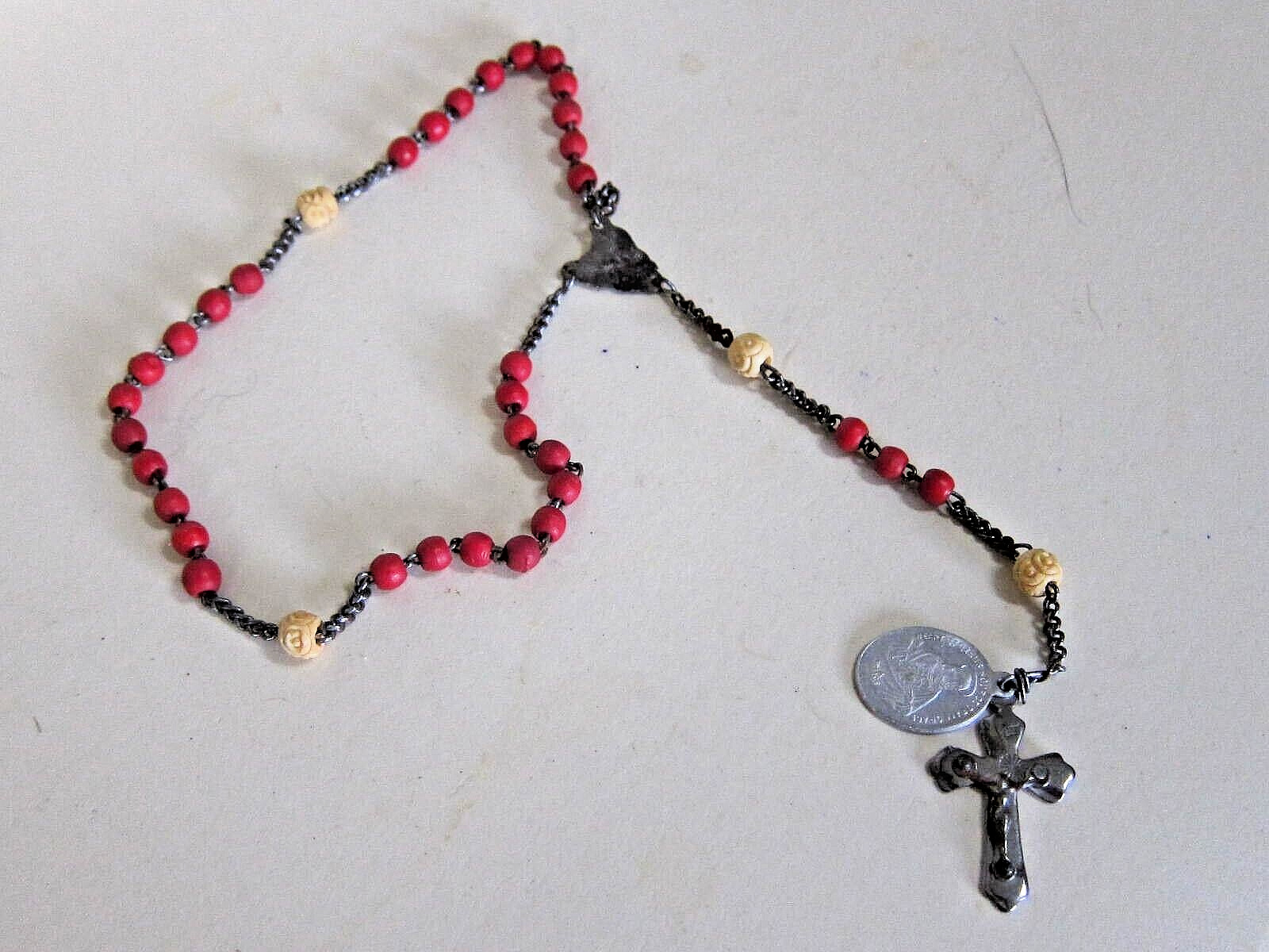 Antique VTG Red Wood & Carved Rosette Bead Wristlet Rosary Stamped FRANCE