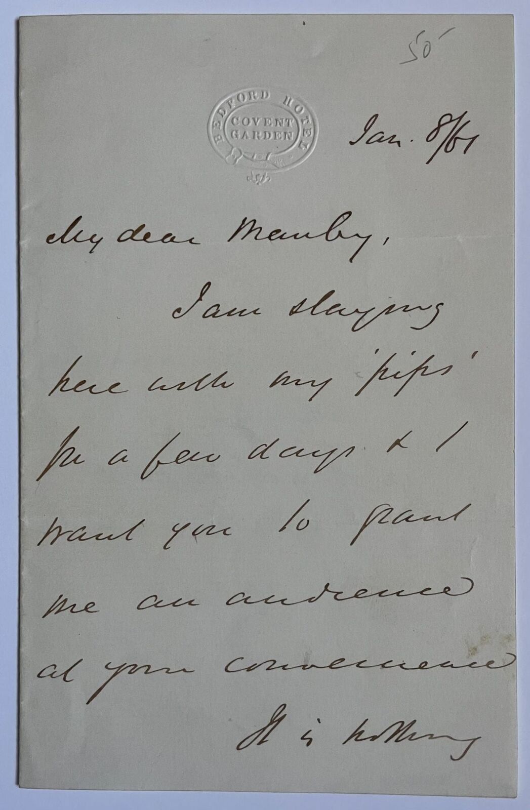 1861 ALS From Mark Lemon to Charles Manby Bedford Hotel Letterhead Signed 1st ed