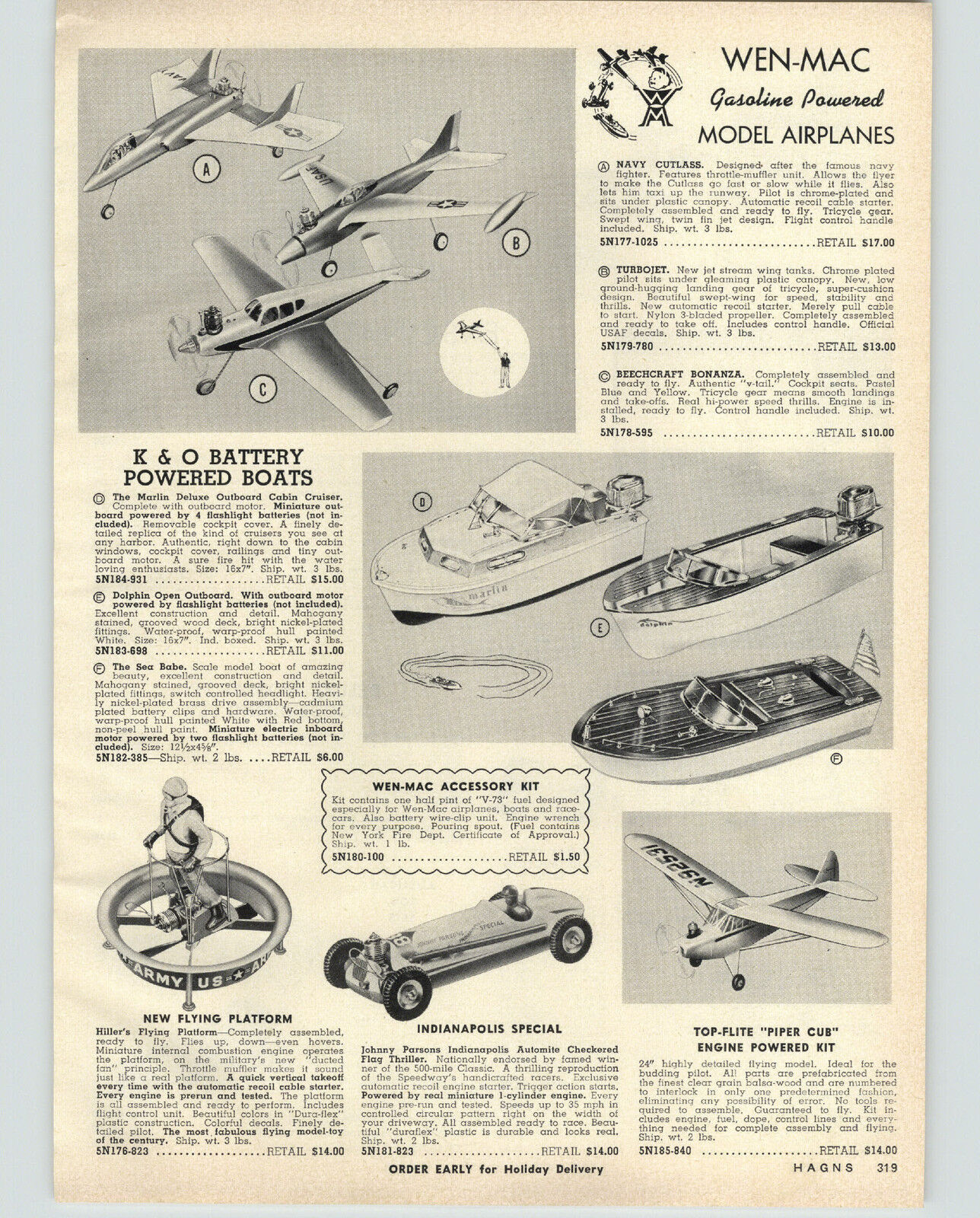1958 PAPER AD Wen Mac Toys Indianapolis Race Car Gas Engine Piper Cub Airplane