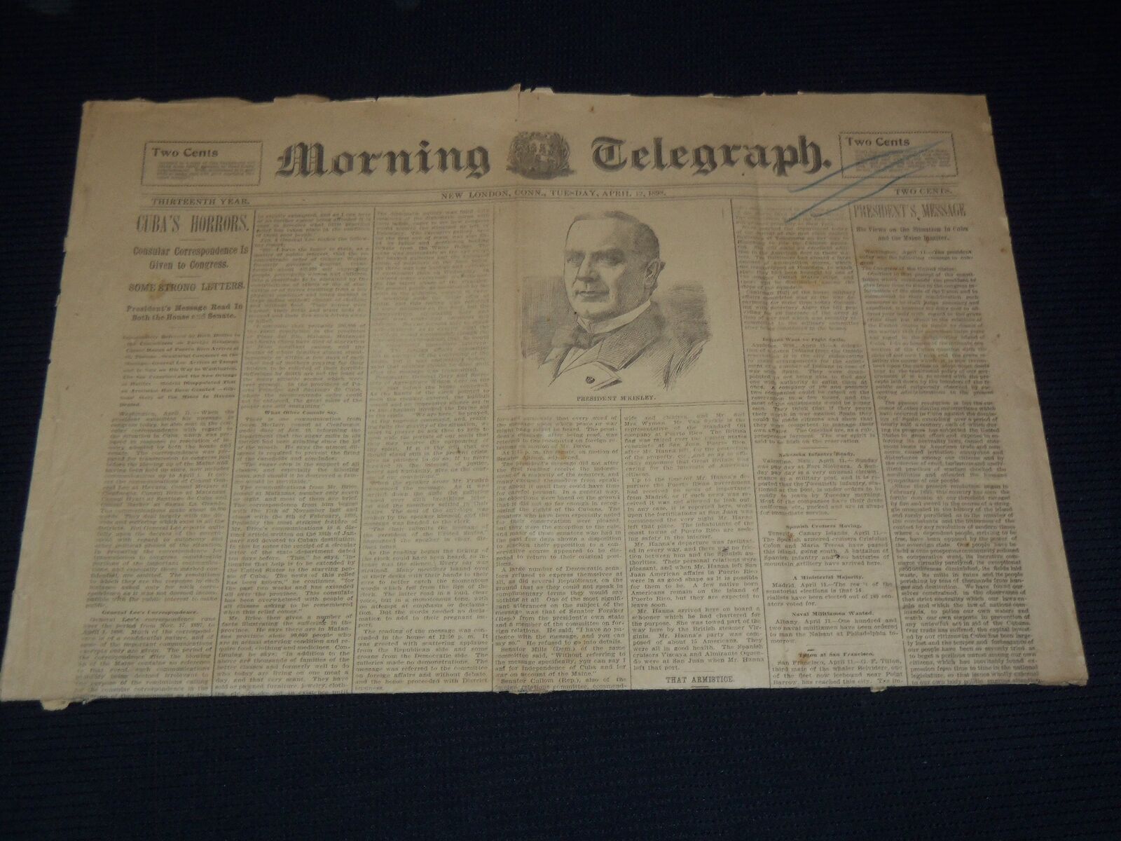 1898 APRIL 12 MORNING TELEGRAPH NEWSPAPER - MCKINLEY'S VIEWS ON MAINE - NP 2152A