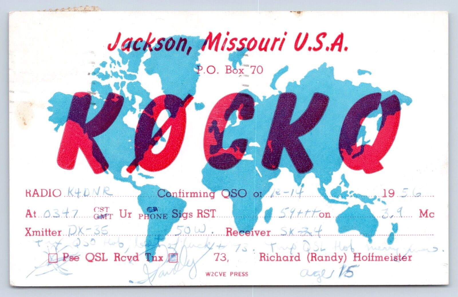 QSL CB Ham Radio KØCKQ Jackson Missouri Vtg Cape Girardeau County MO 1956 Card