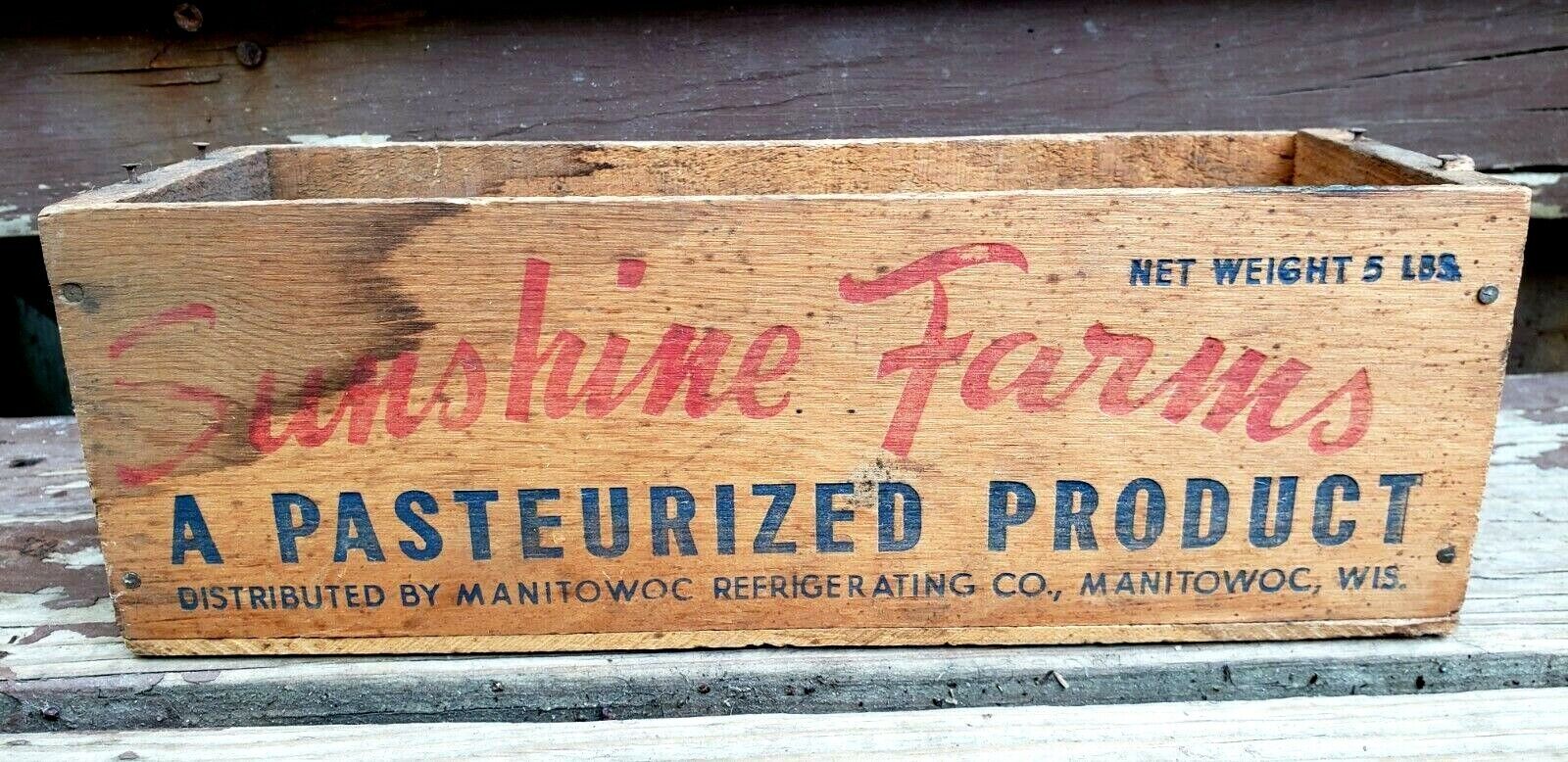 Vintage Antique Wood Sunshine Farms Cheese Box Manitowoc WI Dairy Advertising