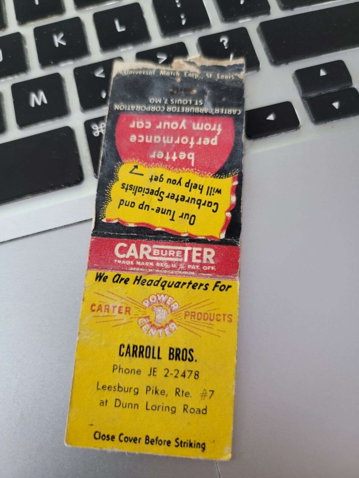 Matchbook Cover - Carroll Bros. Auto Service Route 7  Leesburg Pike  VA
