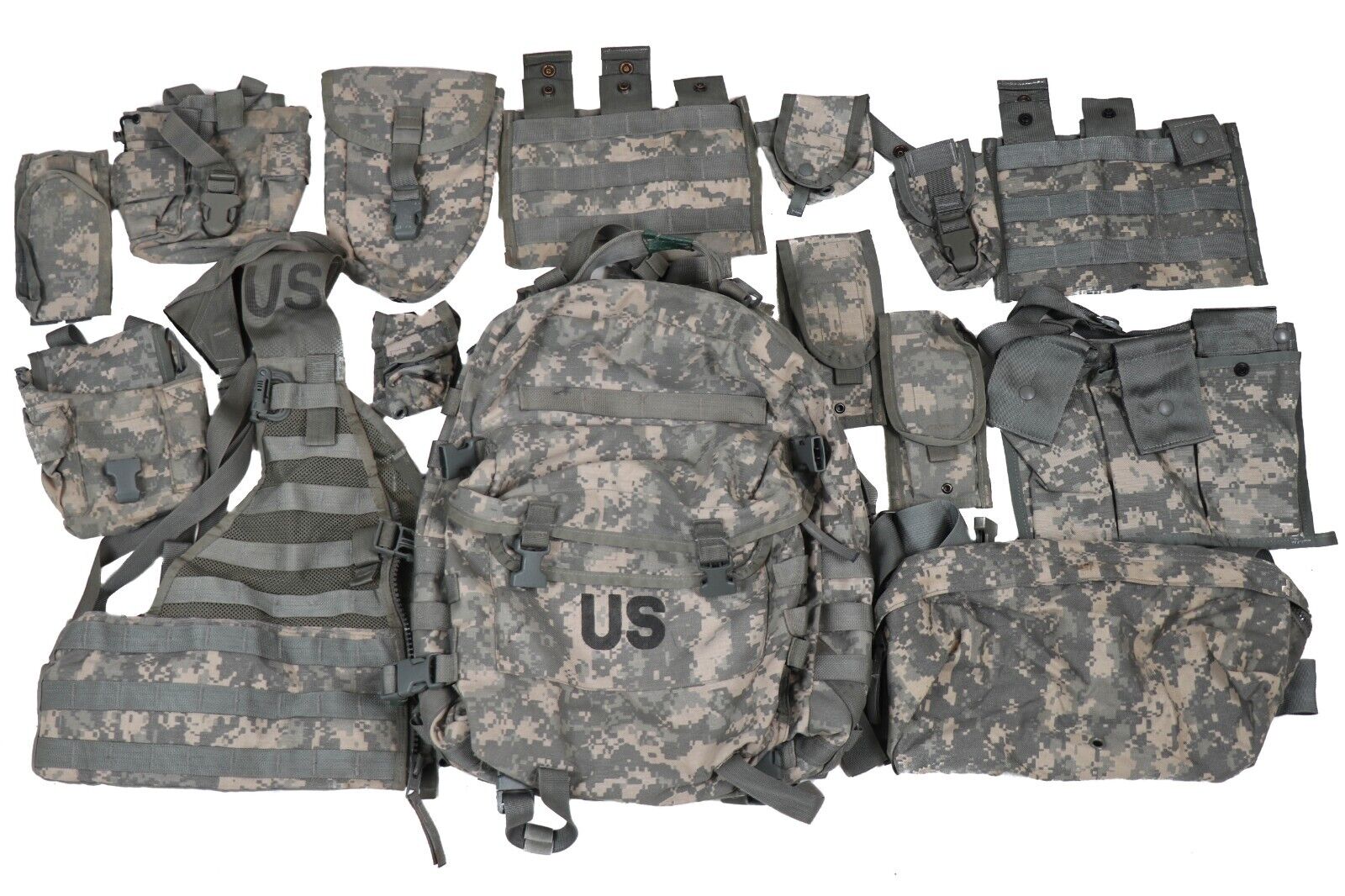 DAMAGED US Army Rifleman Set System ACU UCP Camo Assault Pack Pouches Vest