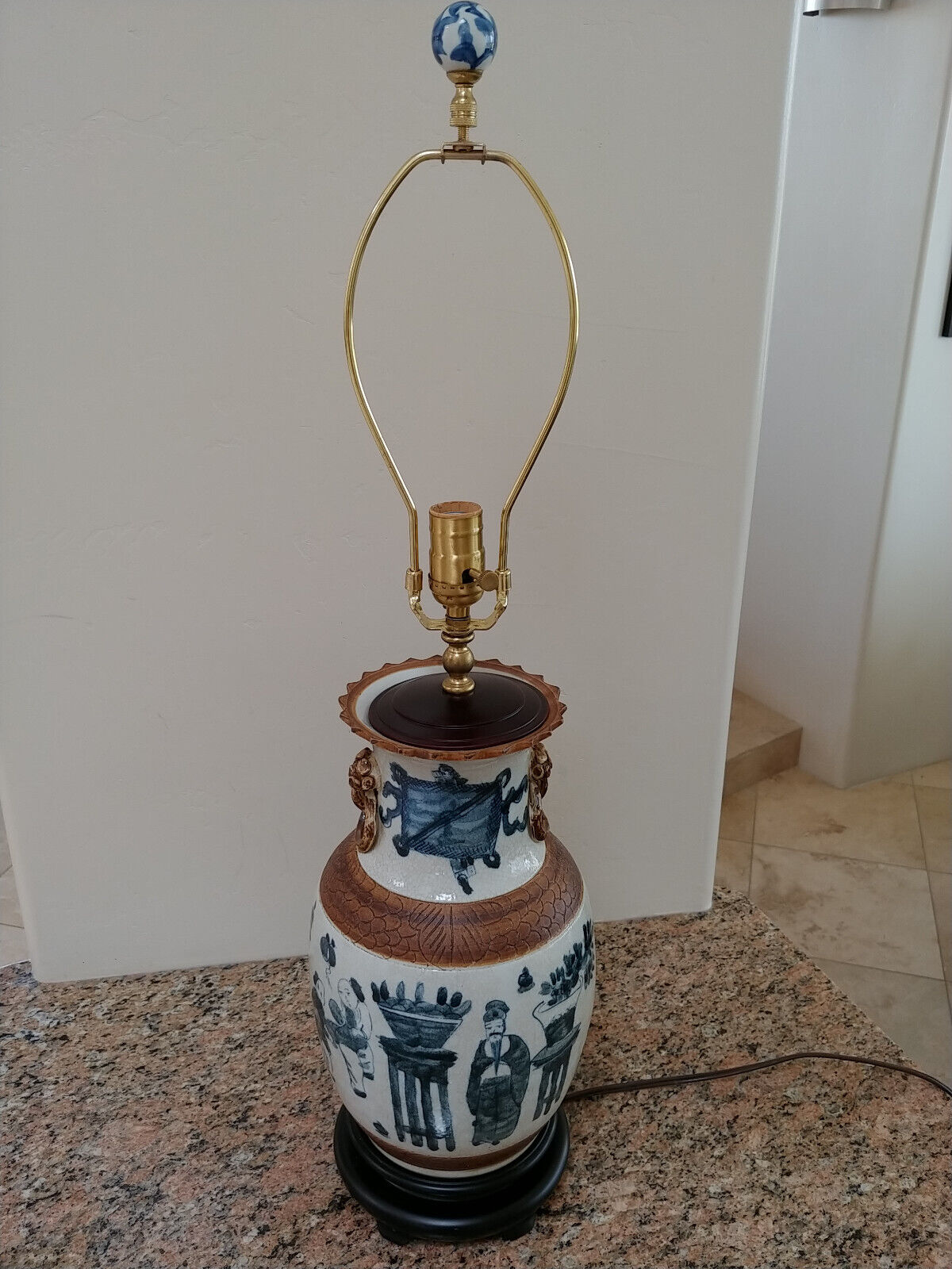Antique Chinese Off-White and Blue Figurative Table Lamp