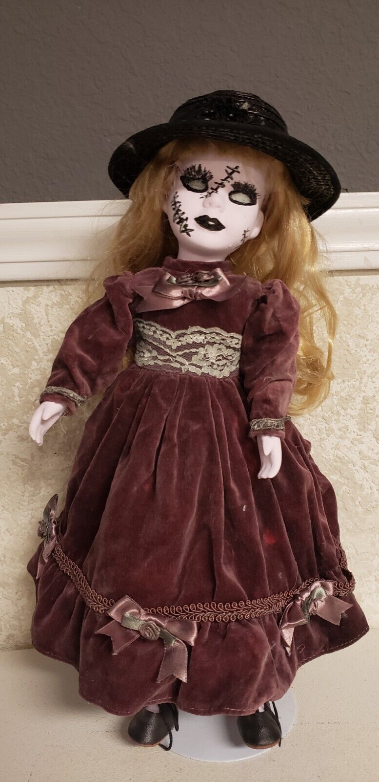 OOAK , Gothic Look doll with stand, 18 in, handpainted, Halloween Prop
