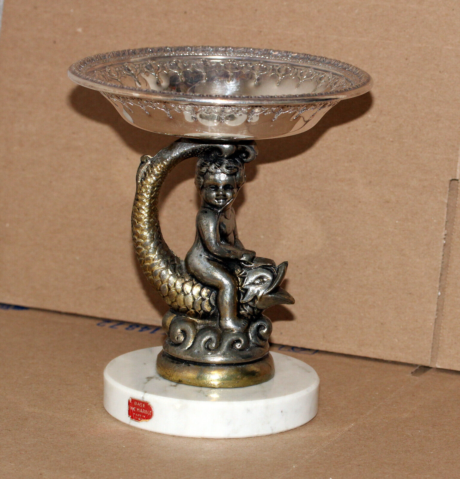 Antique Reed and Barton Cherub On Fish Marble Base Silver Ashtray Coin Dish 7\
