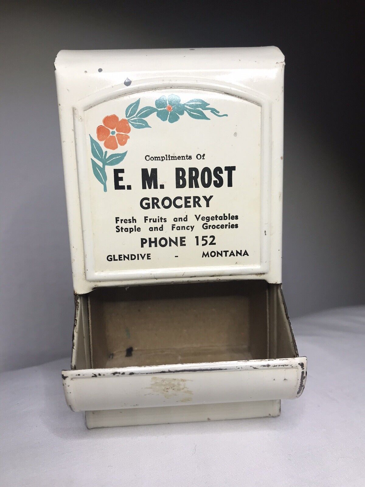 Vintage Tin Metal Match Box Holder With Box ~ Flip Open ~ Brost Grocery Montana