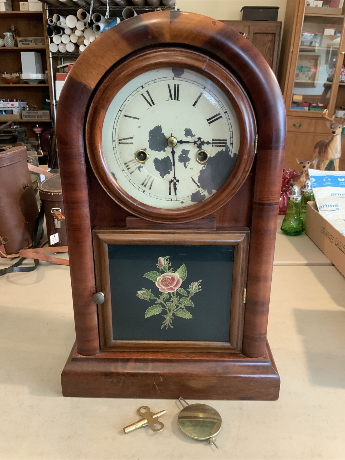Vintage Antique Wind Up Wood Mantle Shelf Clock- New Haven Curve Top Glass Rose