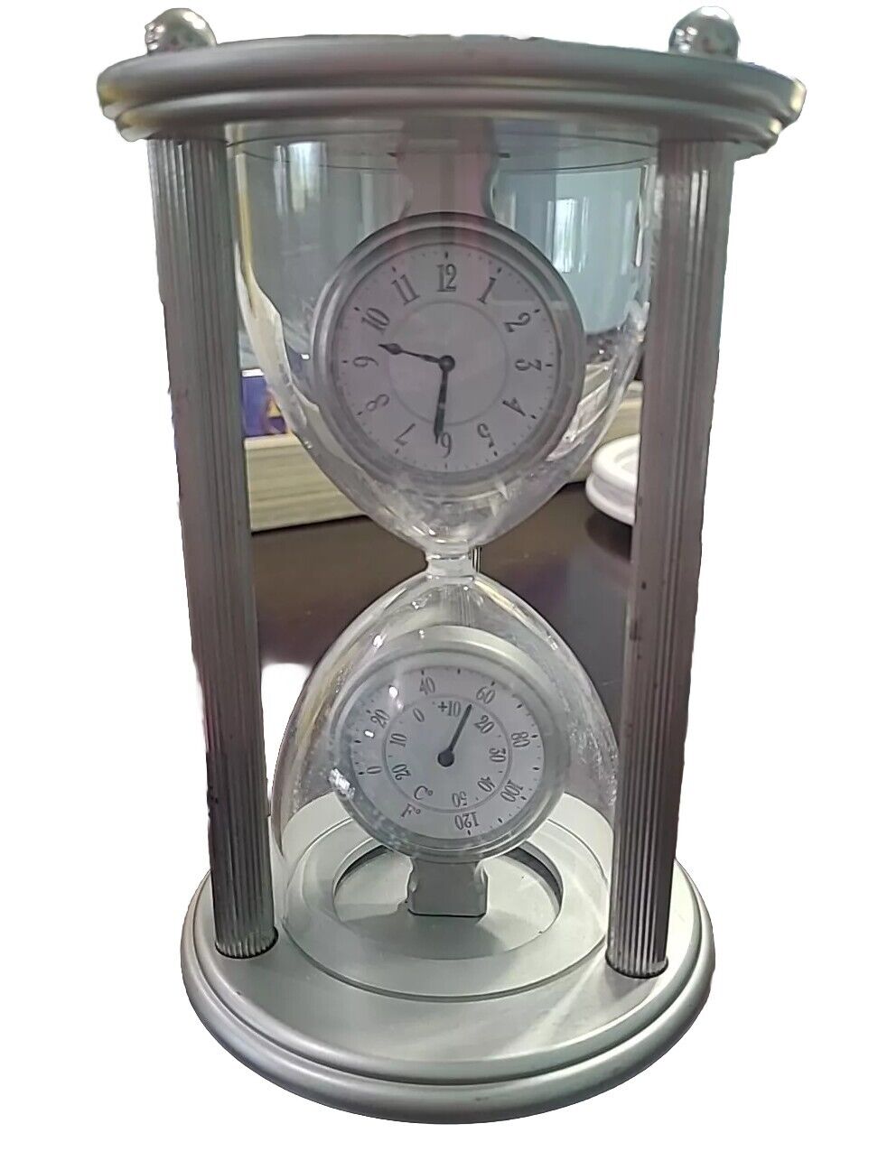 Howard Miller Silver Time and Temperature Hour Glass Mantle Clock 