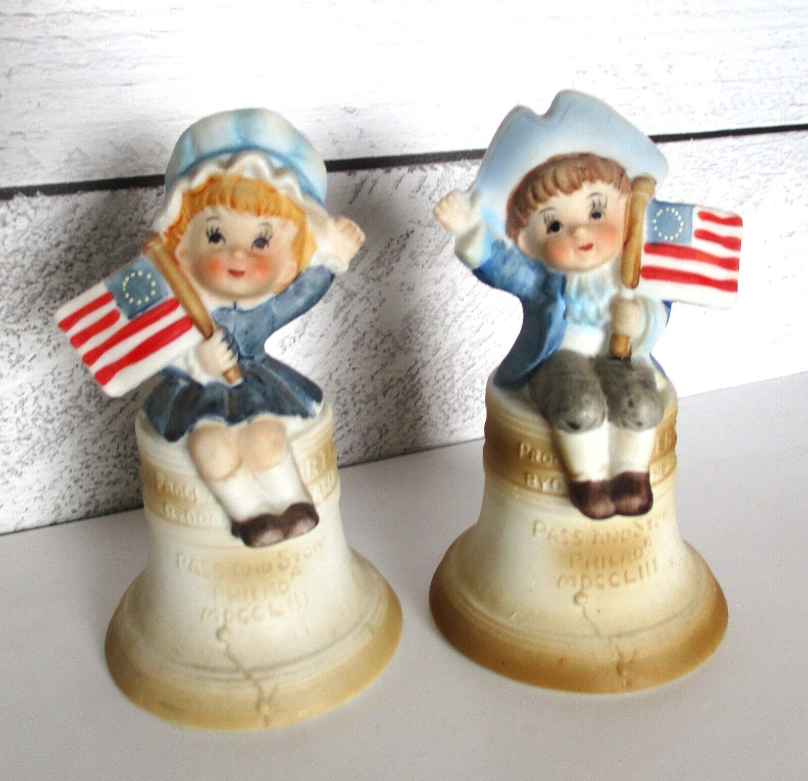 2 Albert E Price Patriotic Boy Girl Bells Figurines Liberty Flags VHTF