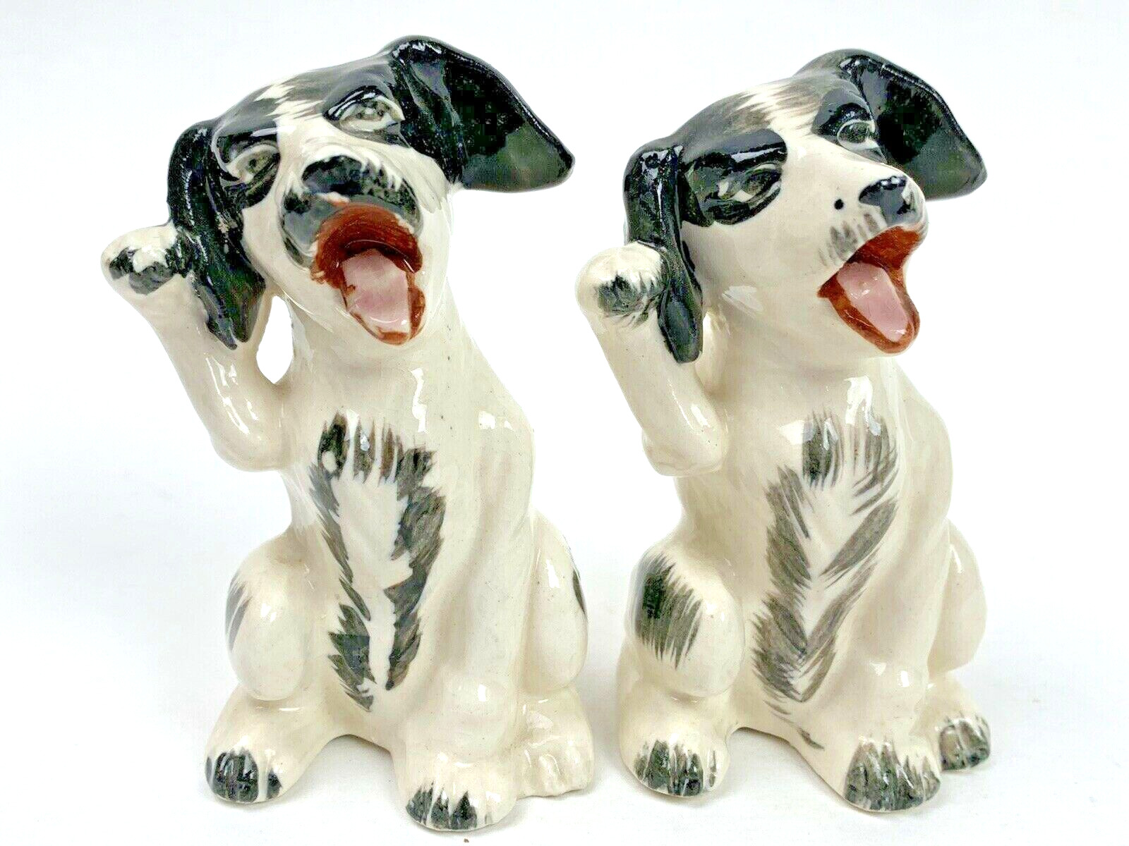 Vintage Dogs Puppies Laughing Sitting Black White Salt and Pepper Shakers 