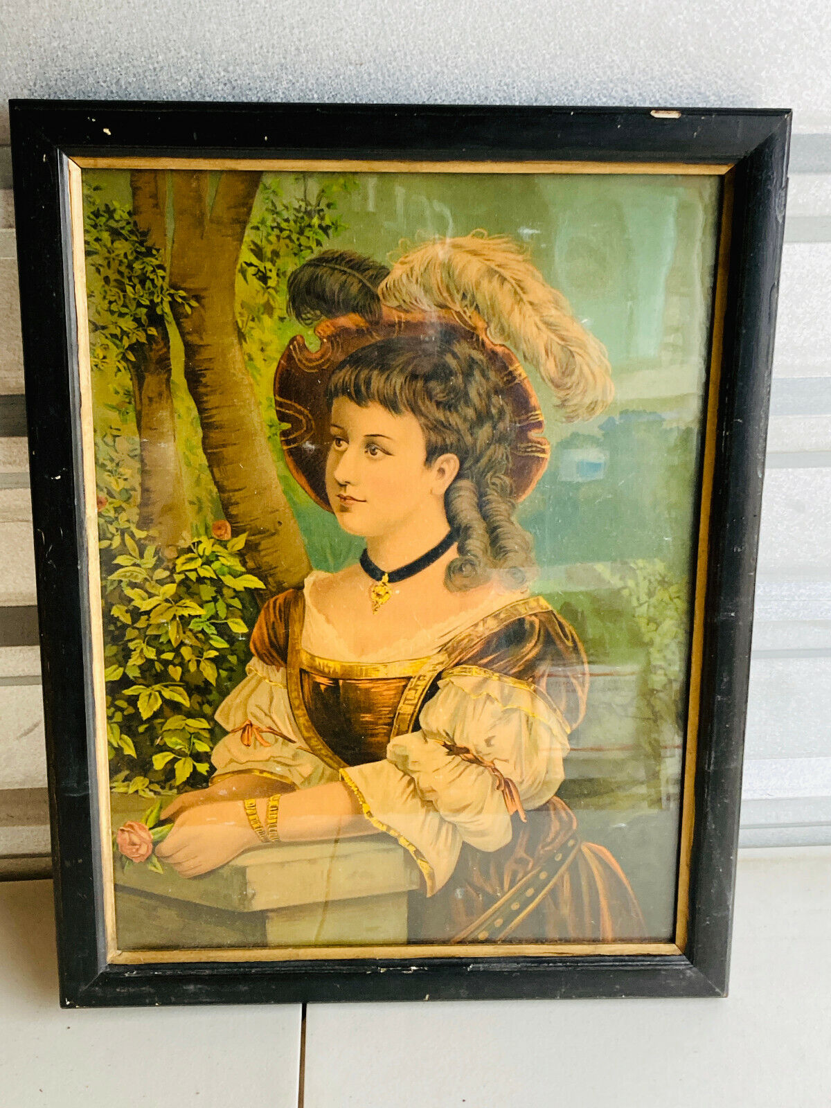 Antique Victorian Color Lithograph Print Young Woman in Dress Woods