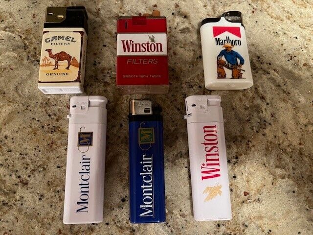 Vintage Lot of 6 Cigarette Lighters: CAMEL, WINSTON (2) MARLBORO, MONTCLAIR (2)