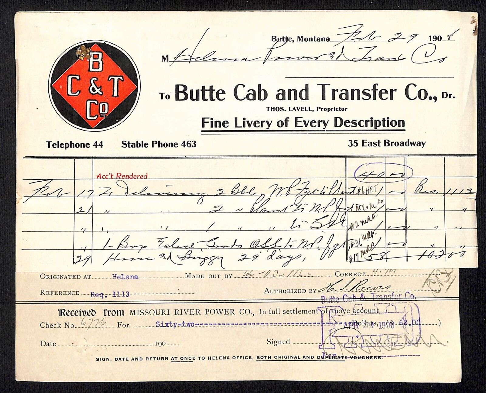 Butte, MT Butte Cab and Transfer Co. 1908 Billhead & Missouri River Power