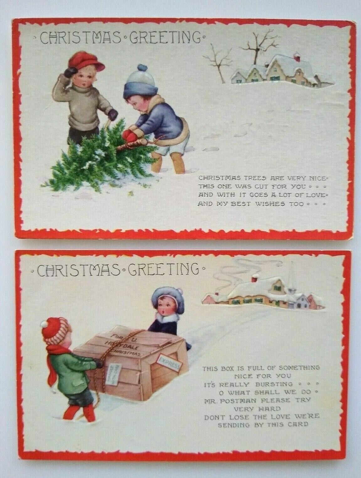 Christmas Postcards Lot Of 2 Children Outdoors Whitney Vintage Embossed Original