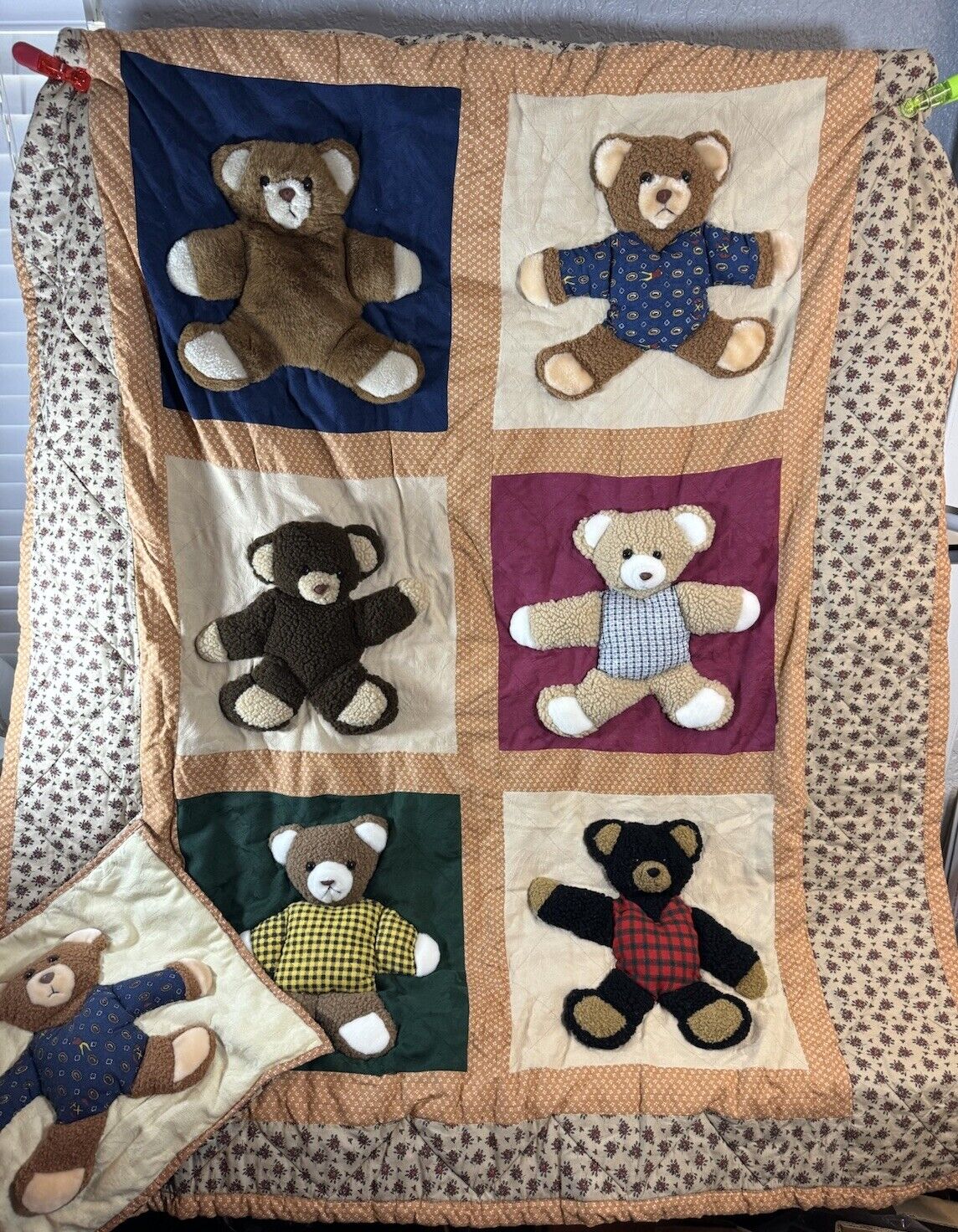 Cracker Barrel Teddy Bear Quilt 3D Plush 56 x 48 Blanket Nursery, 1 Pillow Case