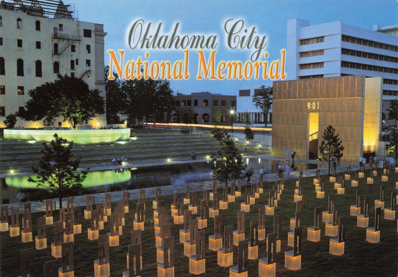 Postcard OK Oklahoma City National Memorial Bombing Victims Rescuers Dusk 1995