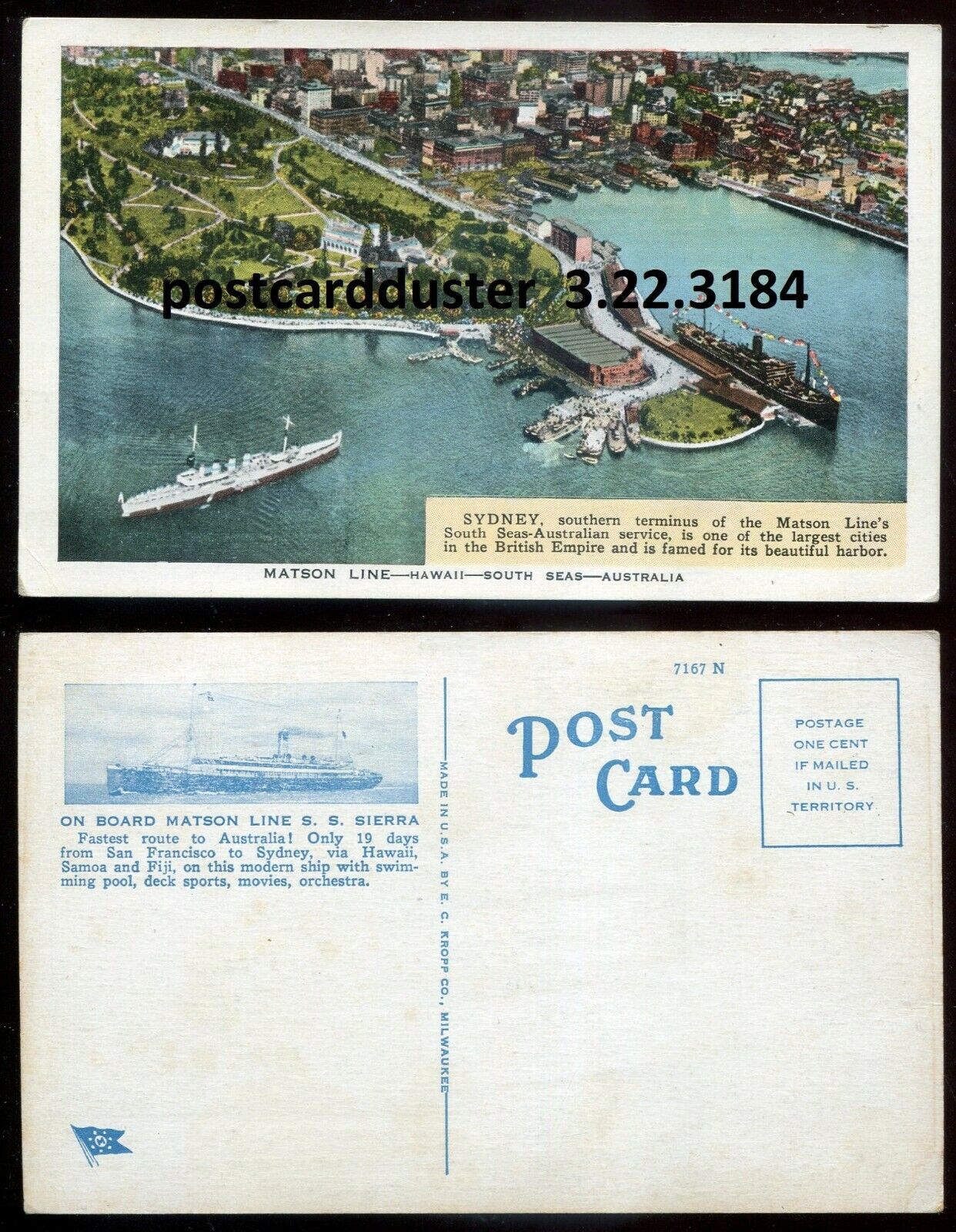 Steamer SS SIERRA Postcard 1930s Matson Line. Australia Sydney