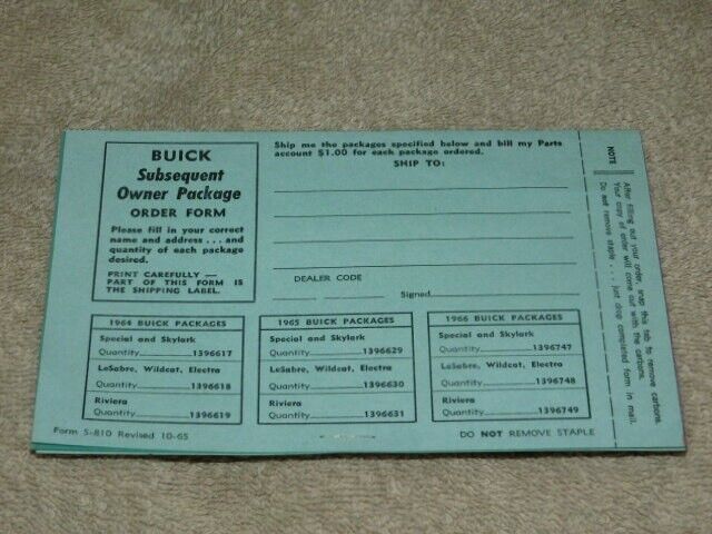 ORIGINAL NEAR MINT / UNUSED 1965 BUICK SUBSEQUENT OWNER PACKAGE ORDER FORM S-810