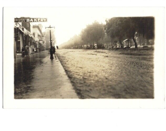 c1916 Ontario California CA Flood Street View Bakery Sign RPPC Photo Postcard
