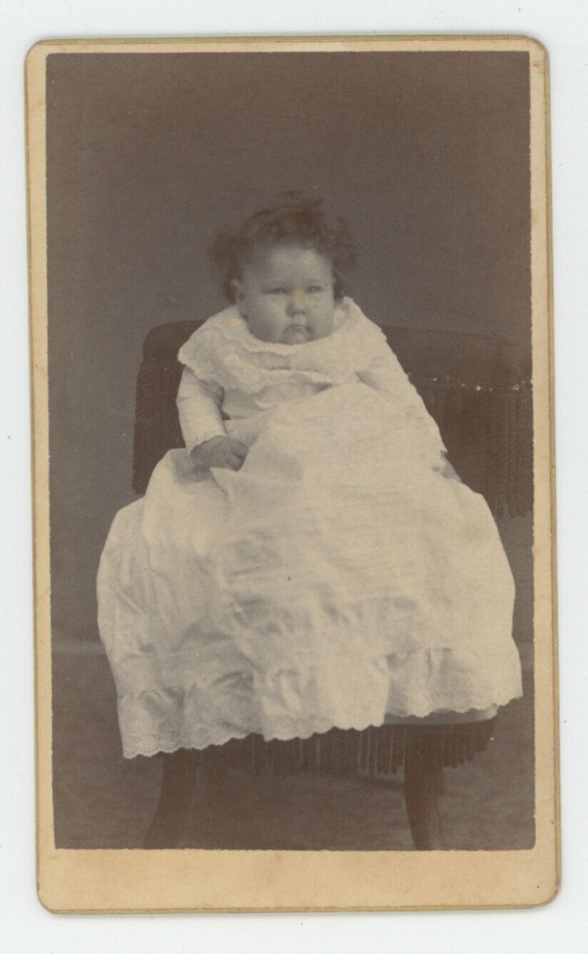 Antique ID'd CDV Circa 1870s Adorable Baby in White Dress Named Jasper Holland