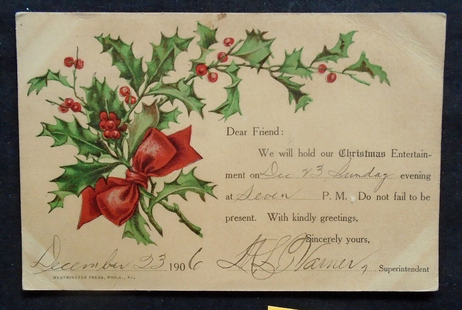 Religious  Invitation to Church ?  dated 1906   2995