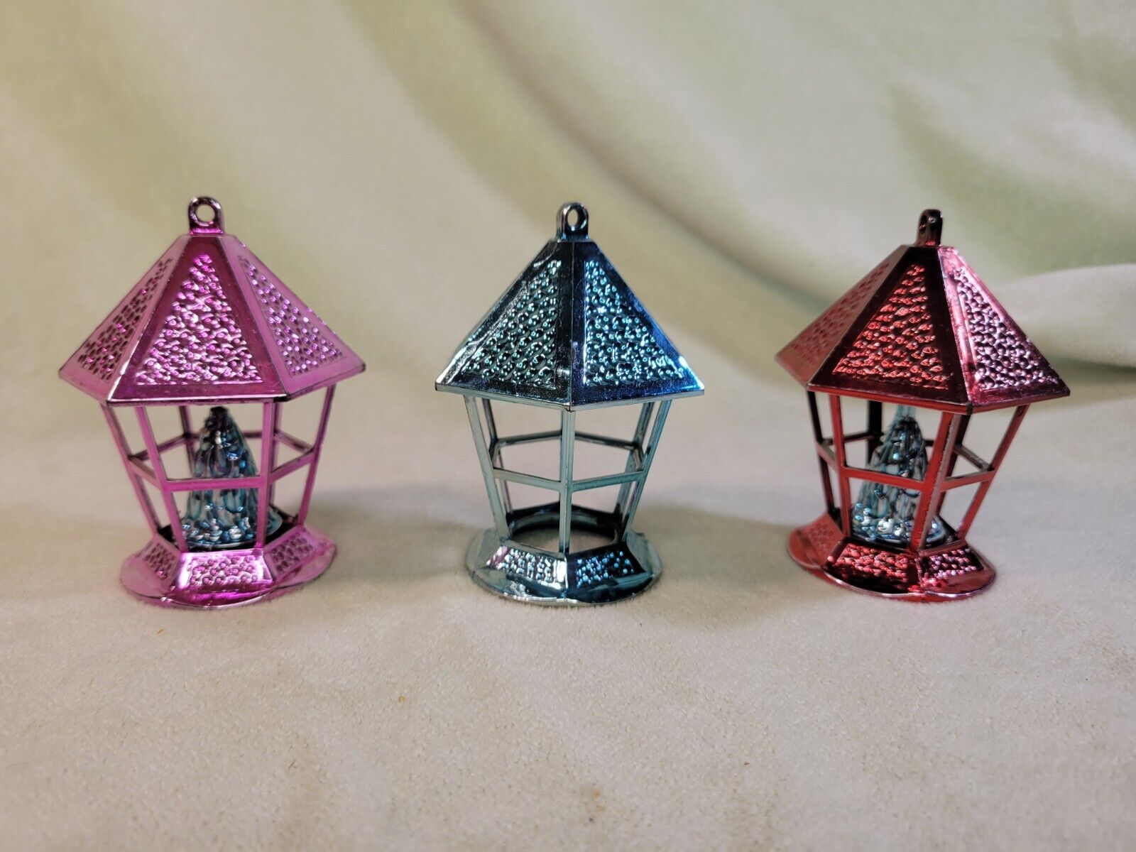 Set of 3 Vintage  MCM Plastic Lantern Christmas Ornaments Retro Bradford Style