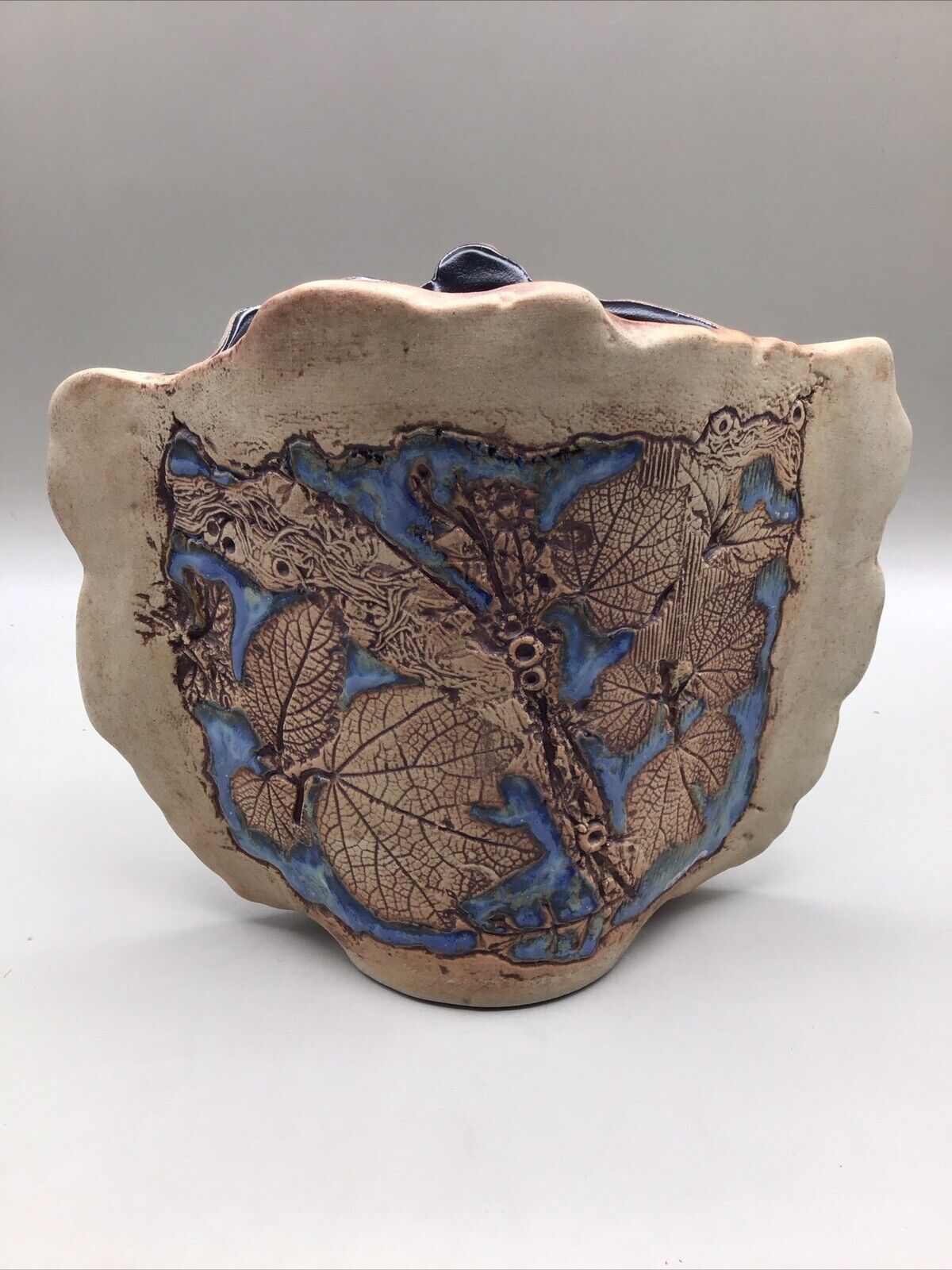 Vintage Pottery Tenmoku Vase Leaves With Ceramic Blue Accents. Malaysia, 6” Tall