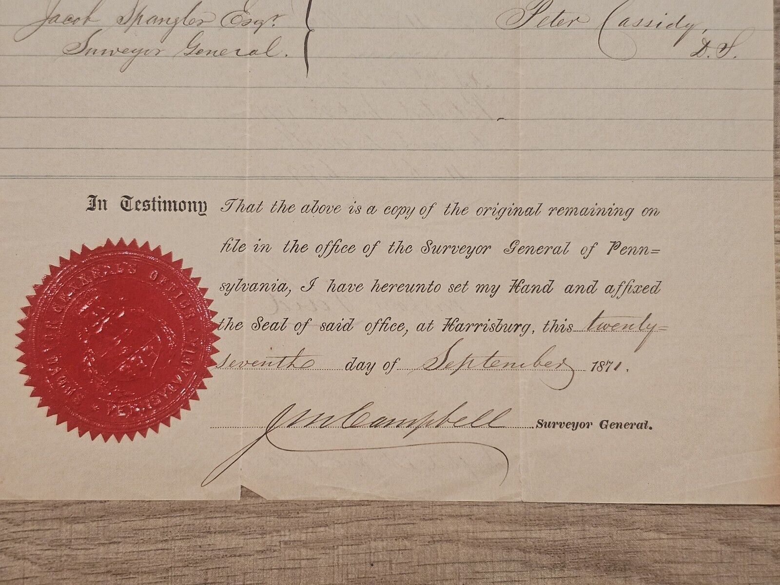 1871 Certified Copy of 1820 Land Survey Huntingdon Co, PA John Broombaugh