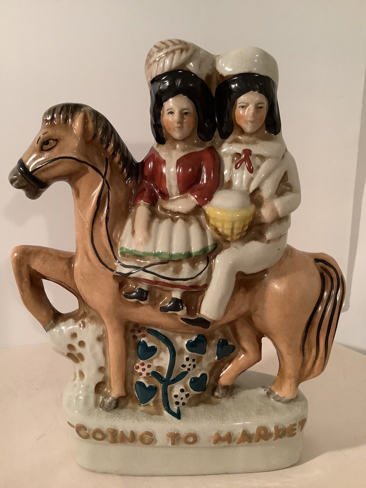 Antique Staffordshire Figurine  8.5” Going To Market Couple On Horse 