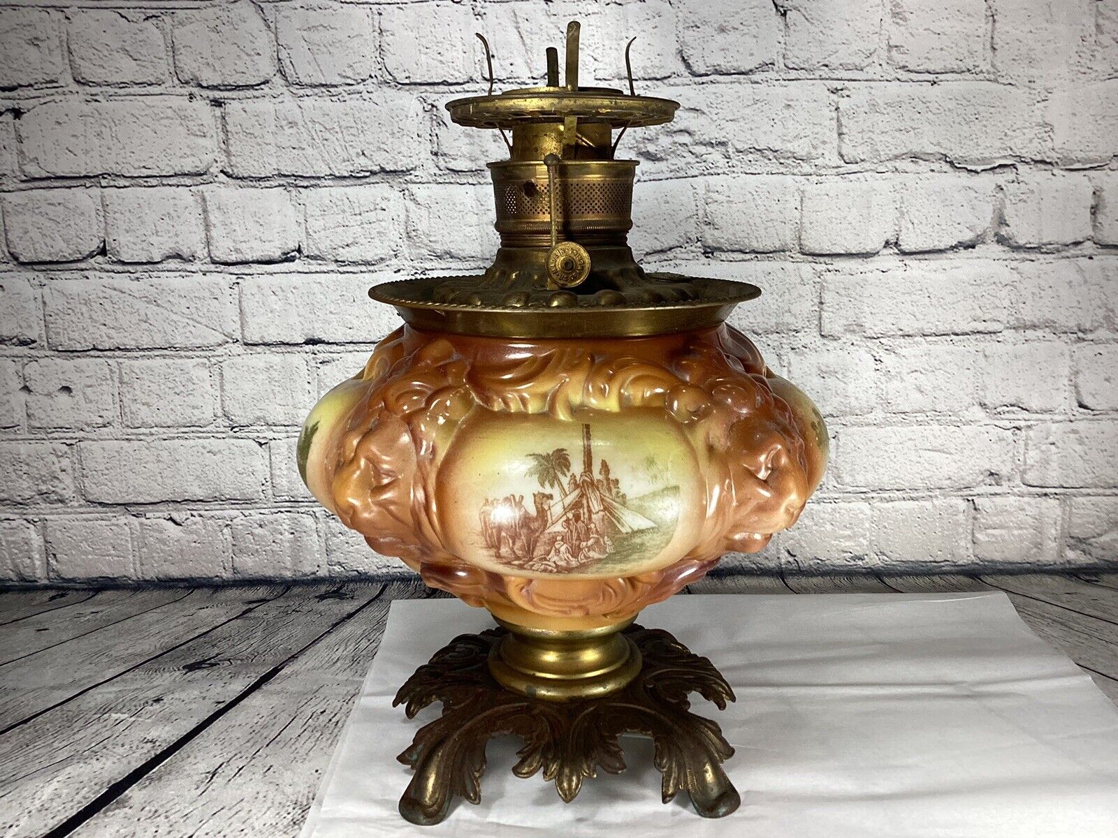 Antique Fostoria Kerosene Oil Lamp Consolidated Lions Head Arabian Safari GWTW