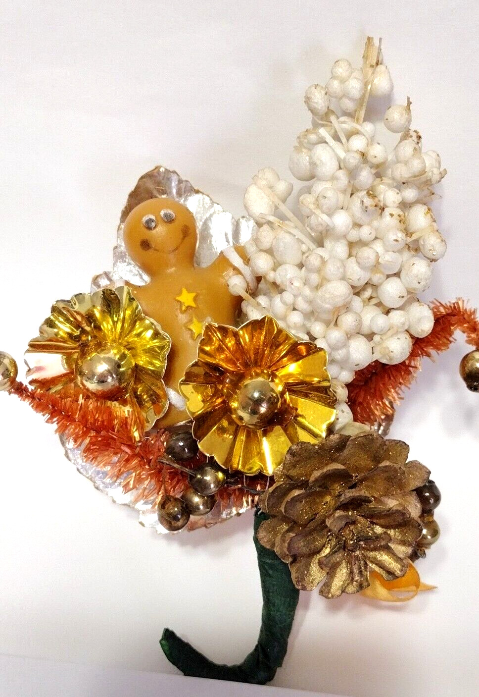 Vtg Christmas Corsage GINGERBREAD MAN package tie Chenille Tree Mercury Glass #J