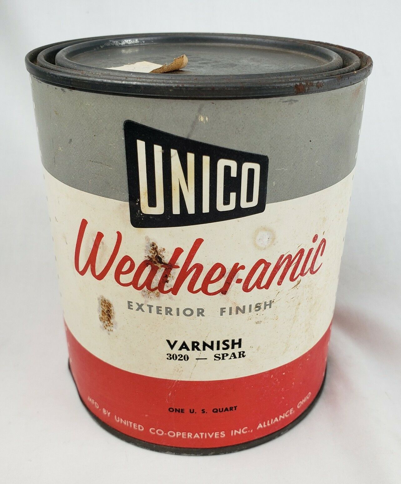 Vintage UNICO Weather-Amic Paint Varnish Can Advertising Sign Gas Oil Quart Tin