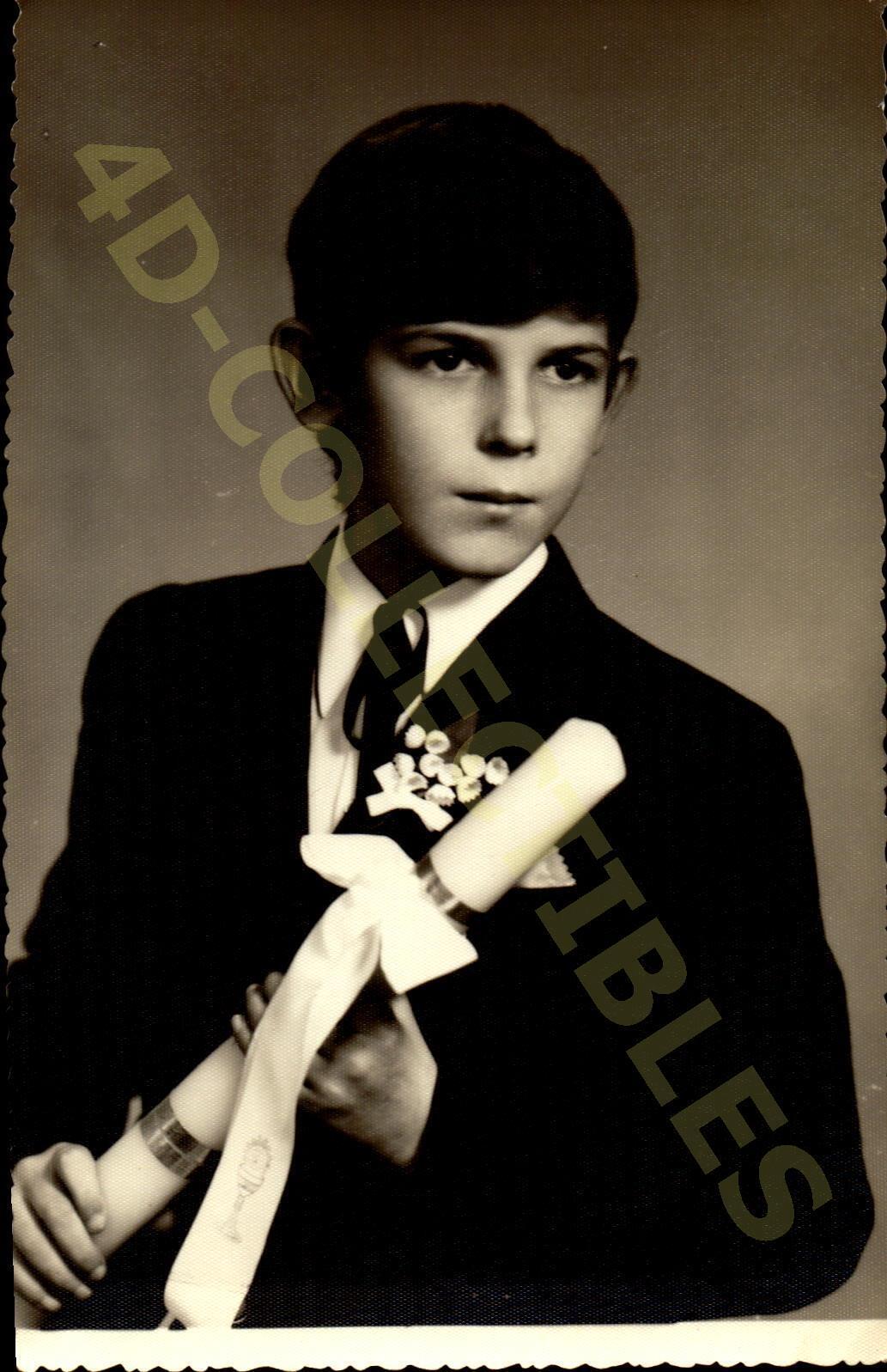 Vintage original Portrait Photograph  Young Boy with Graduation Certificate