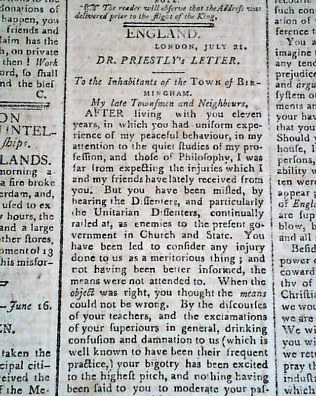 Joseph PRIESTLEY RIOTS Birmingham England re. French Revolution 1791 Newspaper