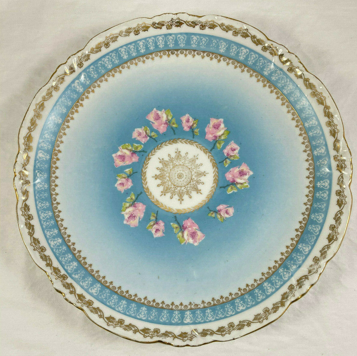 Floral Cake Plate Platter Blue w/ Pink Vintage 12\