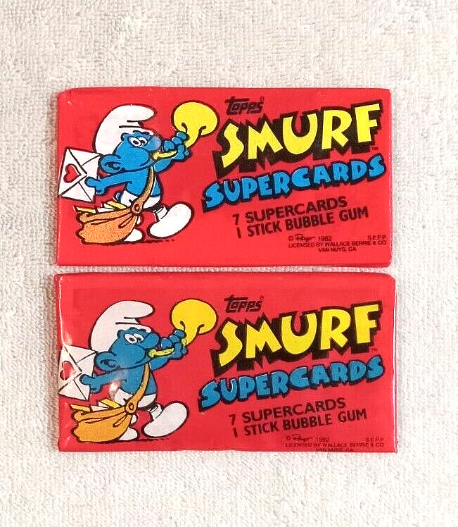 (2) Vintage 1982 Topps Smurf Super-Cards w/ Bubble Gum Sealed Packs 7 Cards Each
