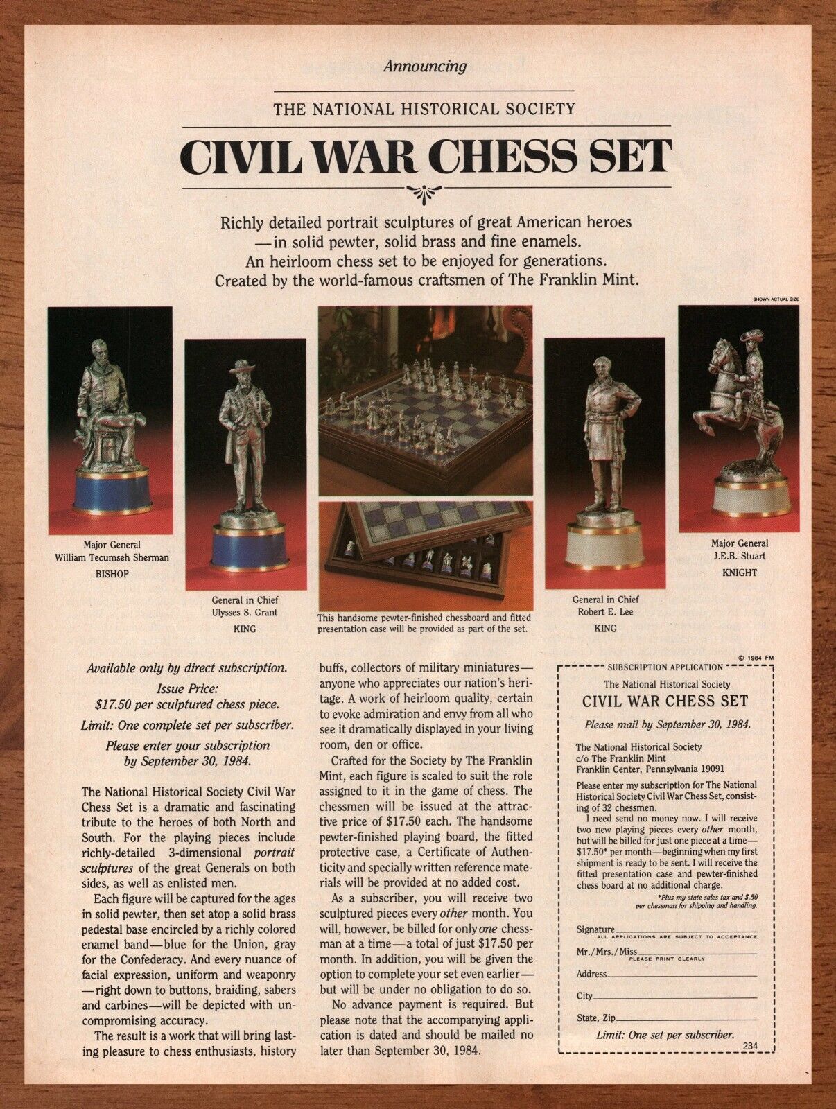 1984 Franklin Mint Civil War Chess Set Vintage Print Ad/Poster Collectible Art