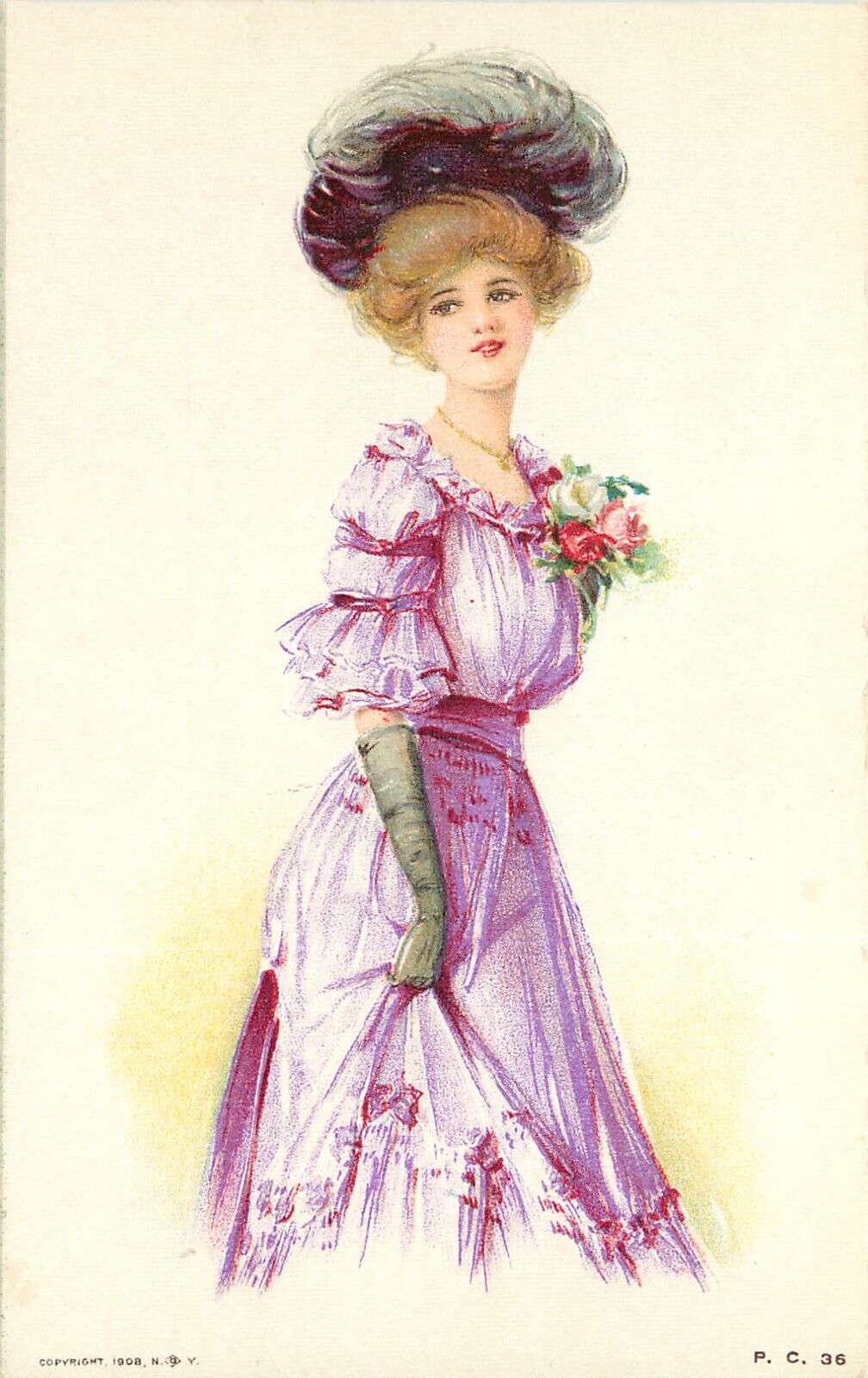 c1908 Postcard 36. Lovely Blonde Girl in Lilac Purple Dress, Unposted Nice