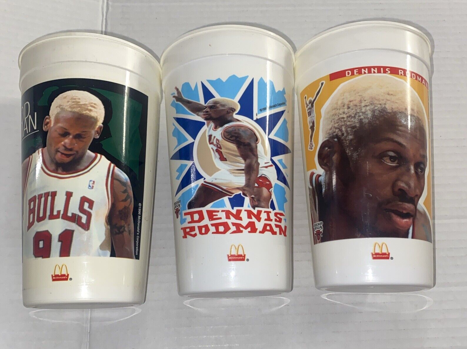 3 LOT Dennis Rodman McDonalds Vintage 1996 Chicago Bulls Plastic Cups Promo