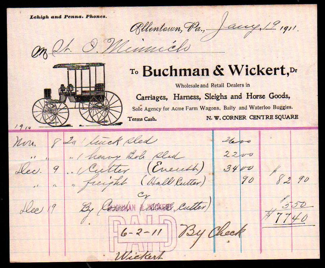 1911 Allentown Pa - Buchman & Wickert - Carriages Harness - Letter Head Bill
