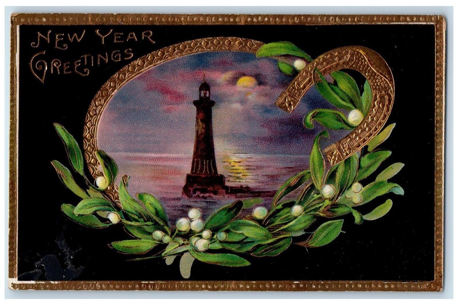 c1910\'s New Year Greetings Lighthouse Holly Moon Gel Gold Gilt Embossed Postcard