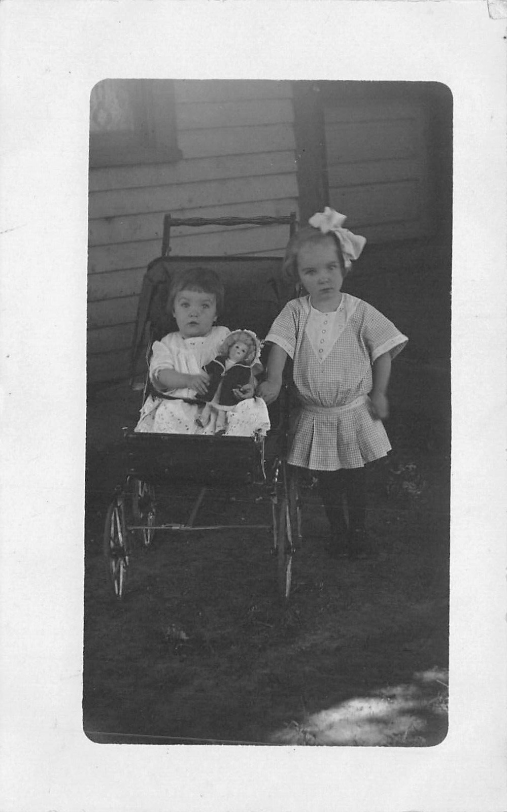 RPPC Two Cute Young Girls with Doll in Stroller c1915 AZO Postcard