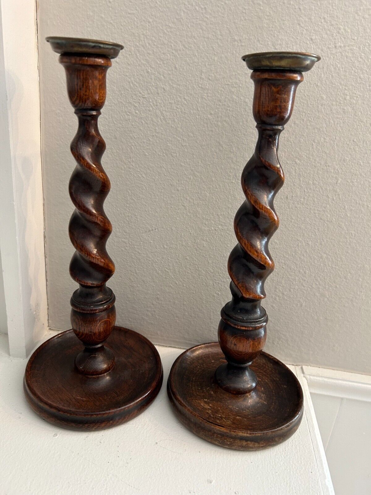 Pair of Vintage English Barley Twist Wood Candlesticks/Candleholders Antique 12\