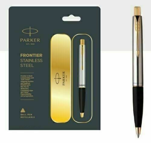 Parker Frontier Steel GT Gold Trim Ball Point Pen Blue Ink Fine Tip New