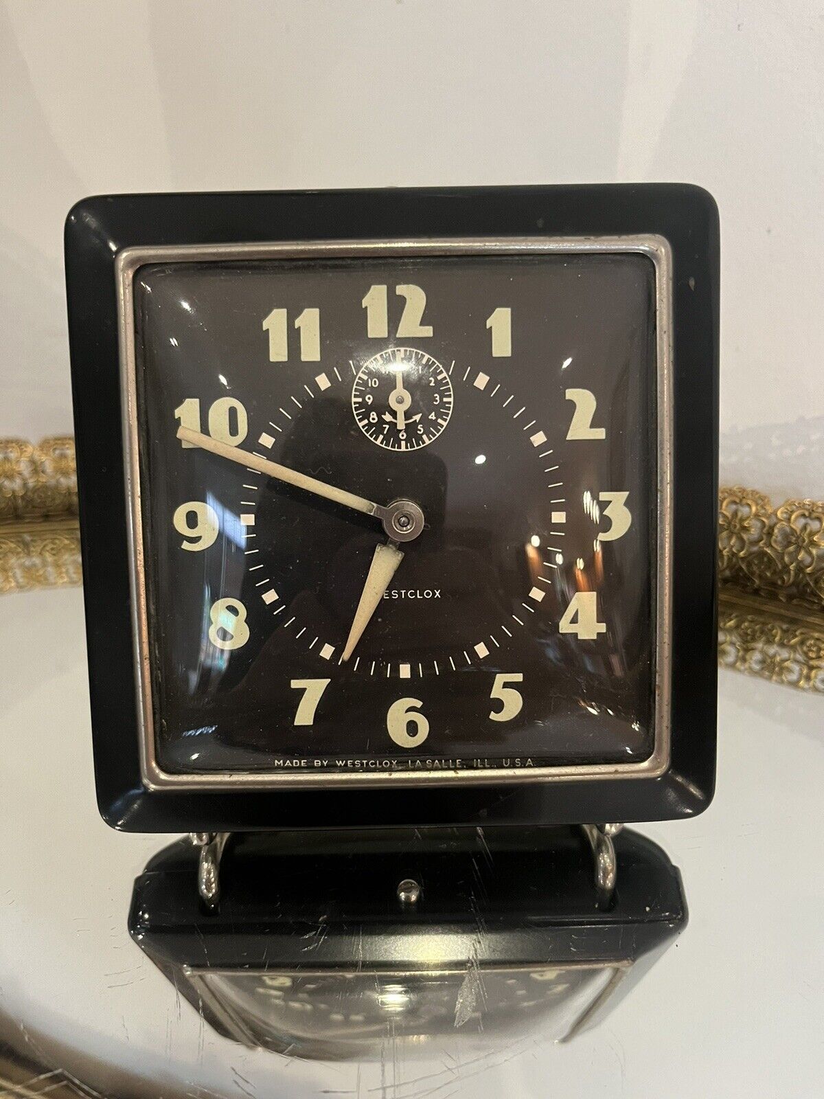 Art Deco Vintage Westclox Spur Alarm Clock Square Black Luminous USA 5\