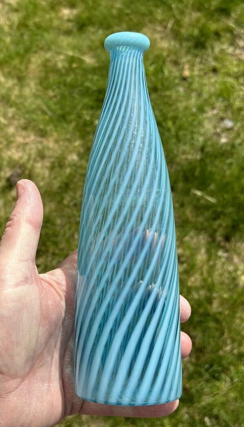 Antique Blue Opalescent Stripe Swirl Handblown Barber/Bitters Bottle, Hobb\'s, 9”
