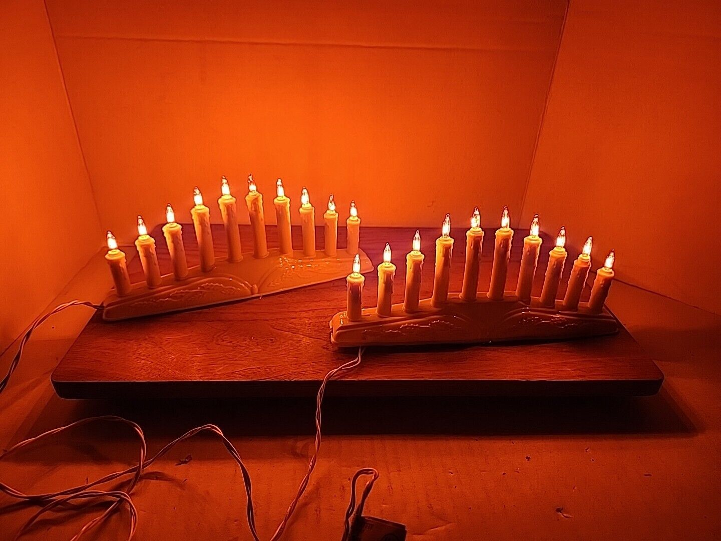 2 Vtg 10 Light Mini Christmas Candle Candelabras Orange Halloween Lights VGC