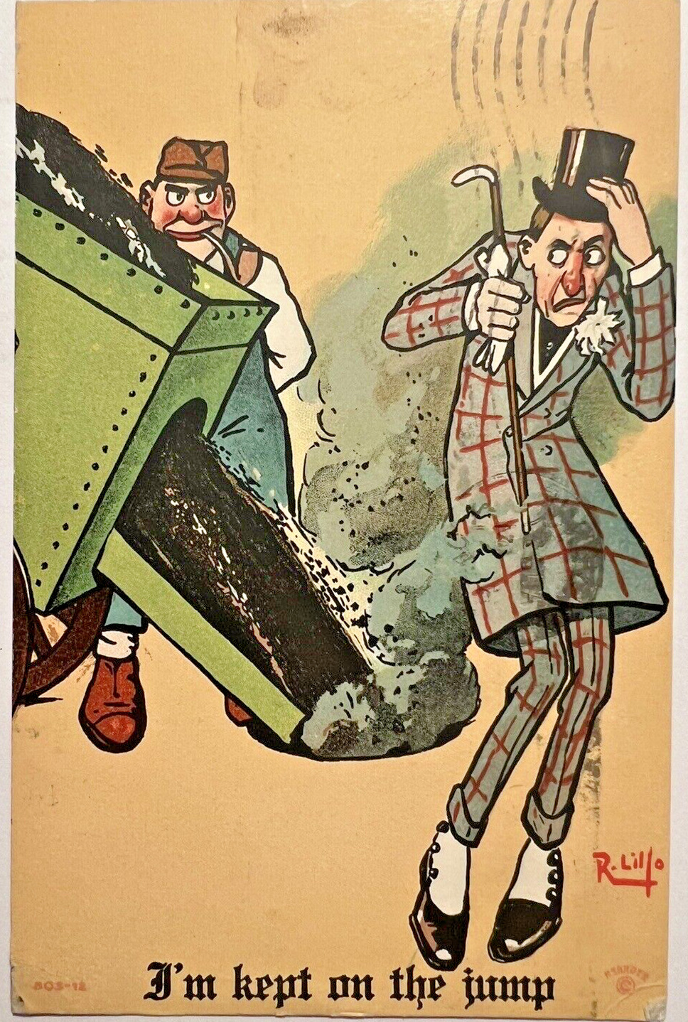 Rare 1912 I\'M KEPT ON THE JUMP R. Lillo Artist Signed Comic Postcard Humor C6